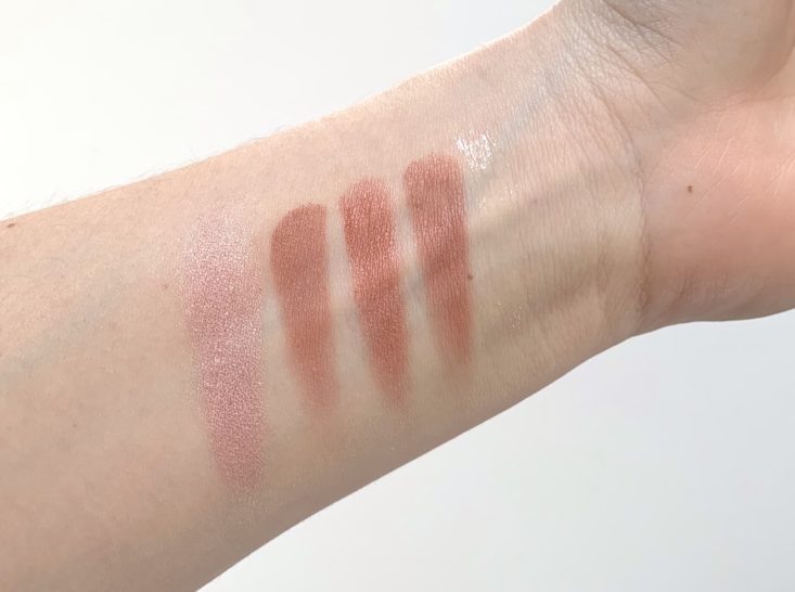 Sweet Sparkle Review March 2019 - Swatches of the makeup Products (left to right) Top