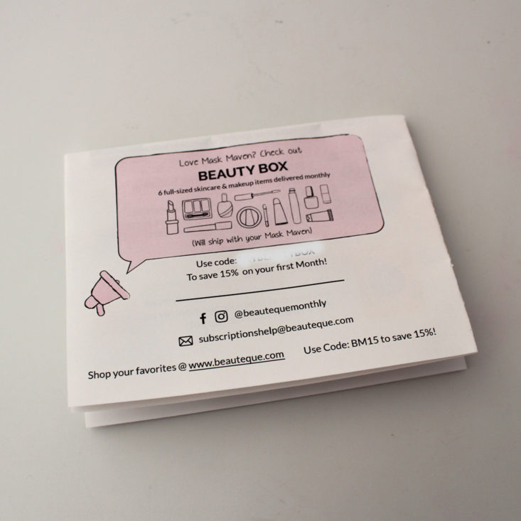 Beauteque Mask Maven Review March 2019 - Information Card Inside 2 Top