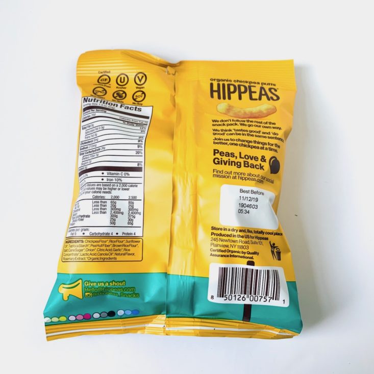 Bless Box March 2019 Review - Hippeas Vegan White Cheddar Package Back Top