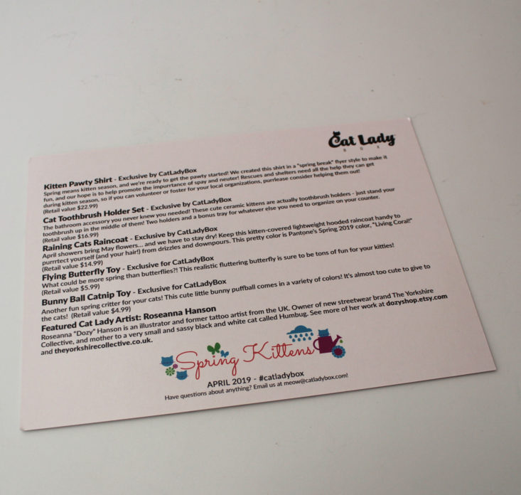 Cat Lady Box Review April 2019 - Information Card Back Top