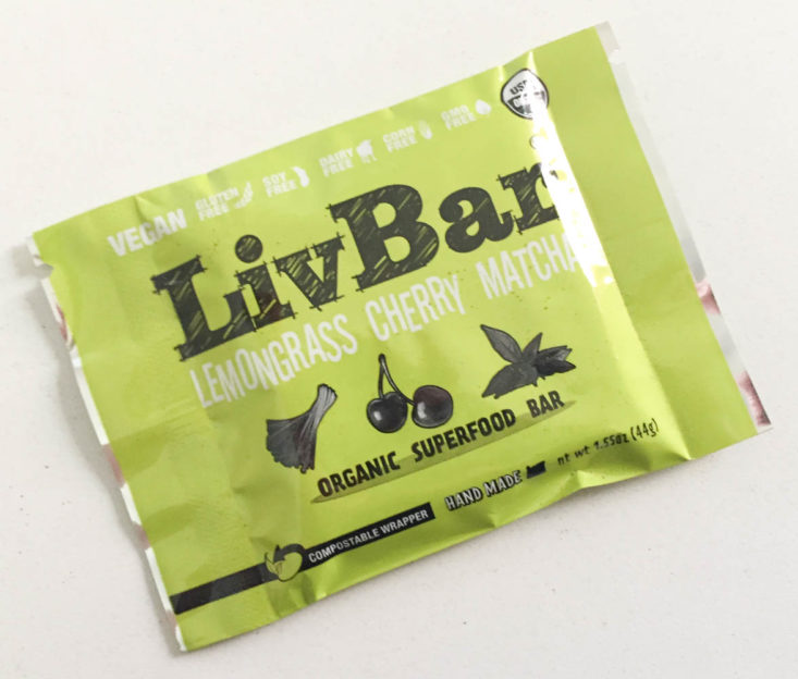 Earthlove Subscription Box Review Spring 2019 - Lemongrass Cherry Matcha Superfood Bar by LivBar 1 Front top