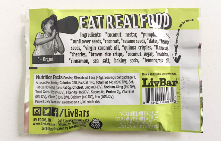 Earthlove Subscription Box Review Spring 2019 - Lemongrass Cherry Matcha Superfood Bar by LivBar 2 Back Top