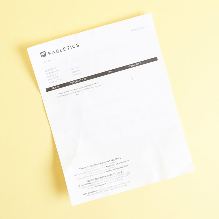 Fabletics April 2019 invoice