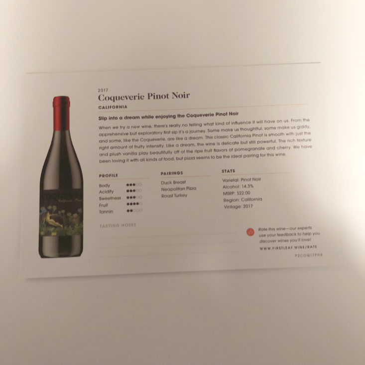 Firstleaf Wine Subscription March 2019 Review - 2017 Coqueverie Pinot Noir Info Back Top