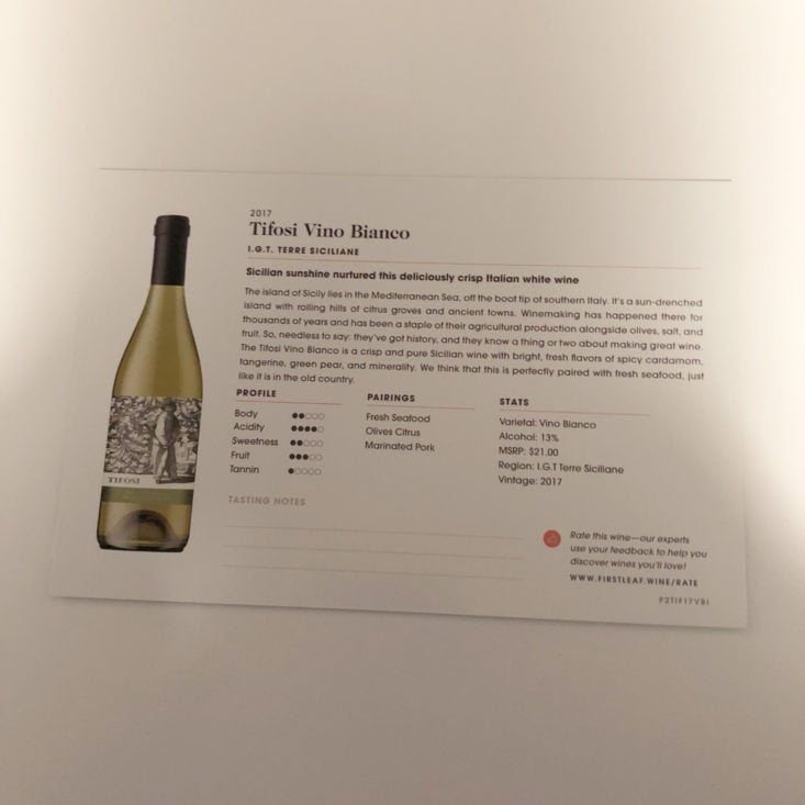 Firstleaf Wine Subscription March 2019 Review - 2017 Tifosi Vino Bianco Info Back Top