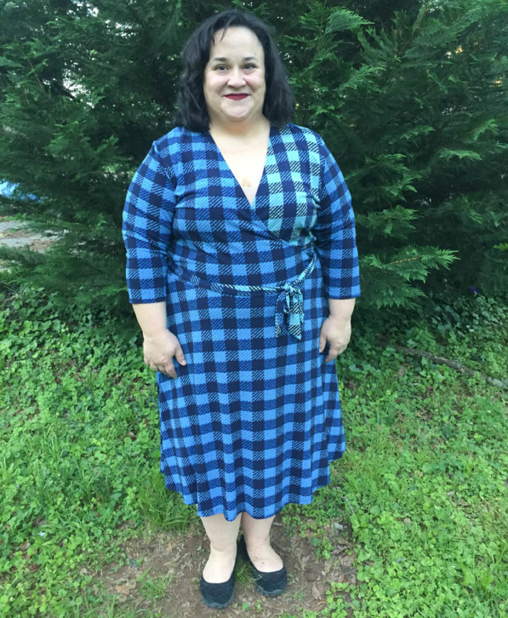 Gwynnie Bee April 2019 - Blue Plaid Perfect Faux Wrap Dress Front
