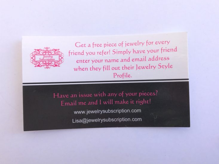 Jewelry Subscription Box April 2019 - Contact Card Top