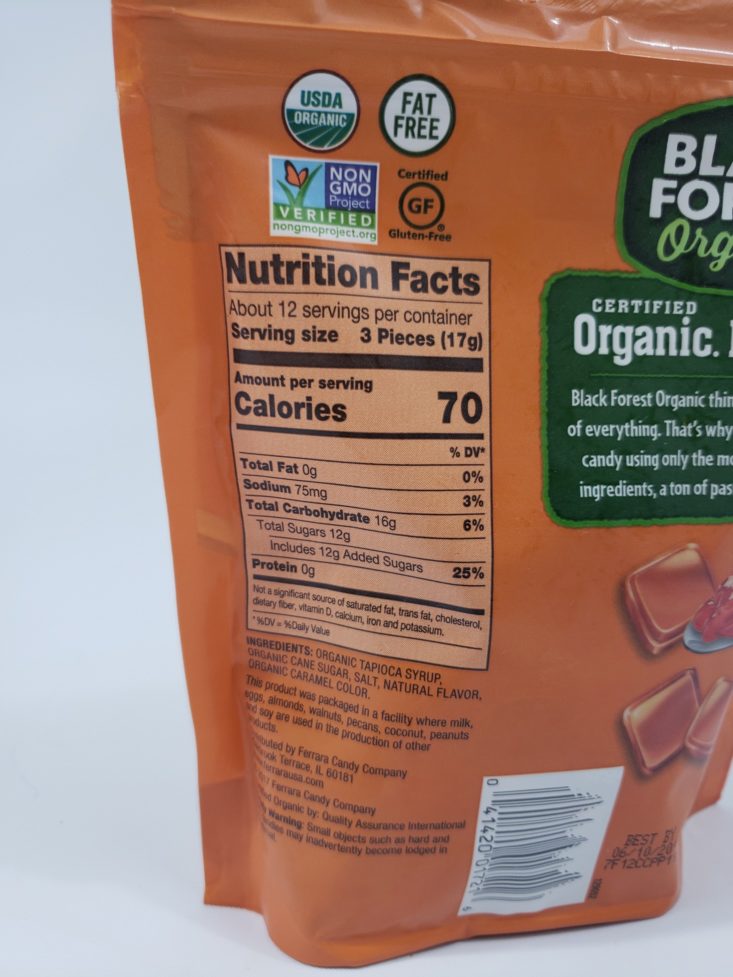 Monthly Box Of Food And Snack Review April 2019 - Black Forest Organic Caramel Info Back