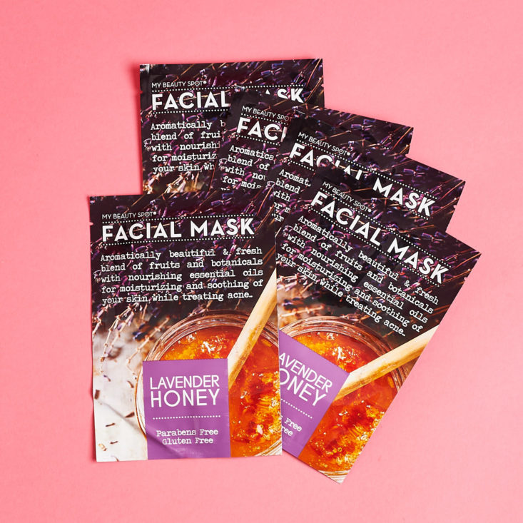 Peaches and Petals March 2019 lavender and honey sheet masks