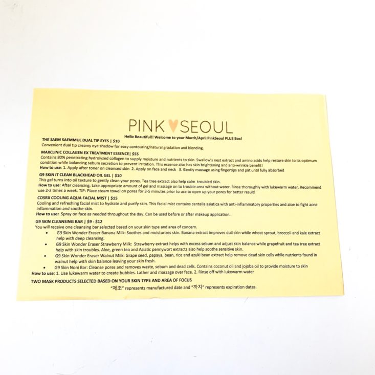 Pink Seoul Plus Box March-April 2019 - Info Sheet Front Top