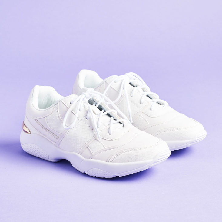 ShoeDazzle April 2019 white 90s sneakers with gold accents