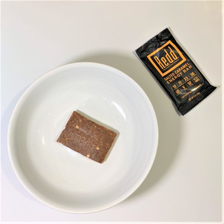 SnackSack Gluten-Free Review March 2019 - R.E.D.D. Salted Caramel Energy Bar Plated Top