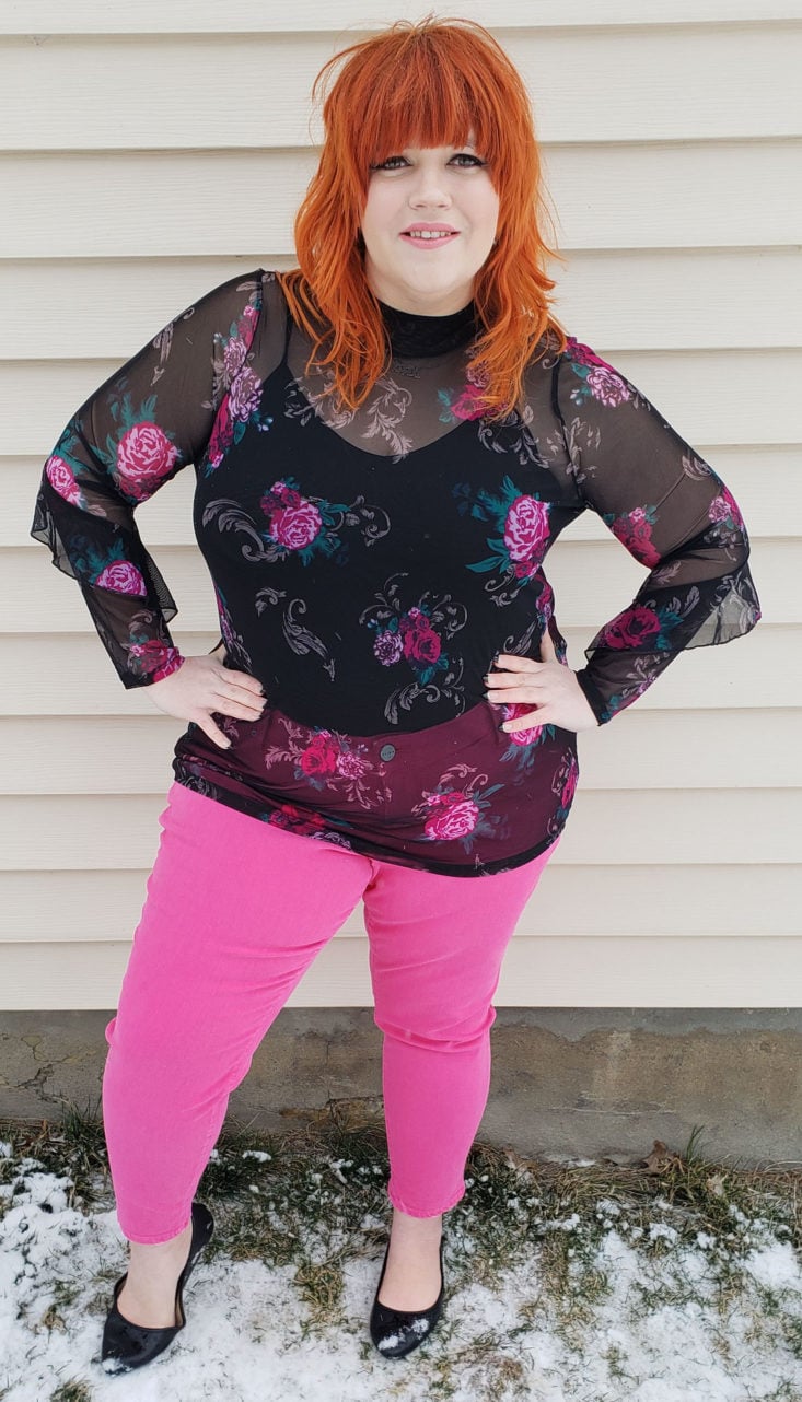 Trunk Club Plus Size Subscription Box Review March 2019 - Mock Neck Floral Pattern Sheer Mesh Blouse by Michel Studio Size 2x 4Front