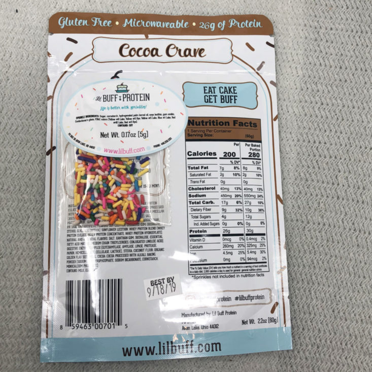 BuffBoxx Fitness Subscription Review April 2019 - Lil Buff Cocoa Crave Protein Cake Single Serving Pouch 2