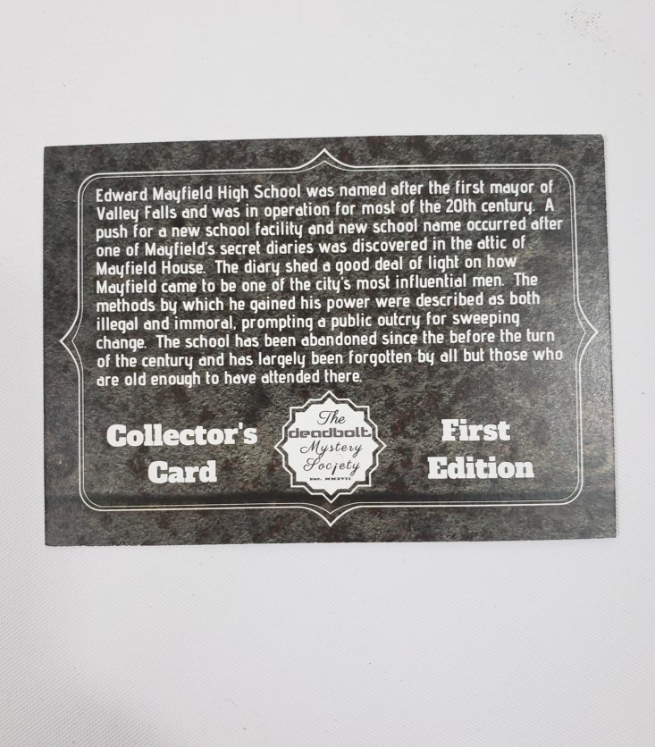 Deadbolt Mystery Society May 2019 “Infected” Review - collector’s card Back Top