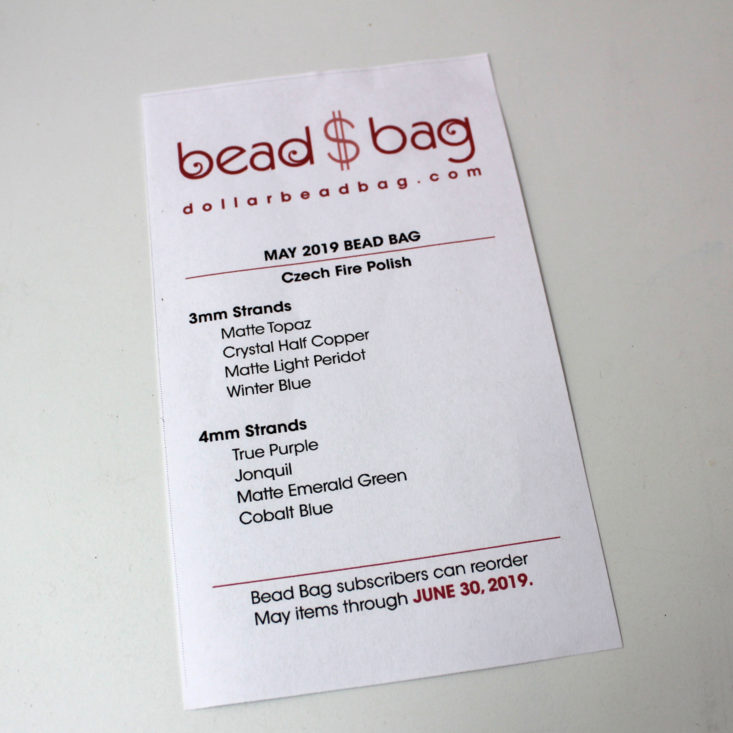 Dollar Bead Bag May 2019 - Booklet Front