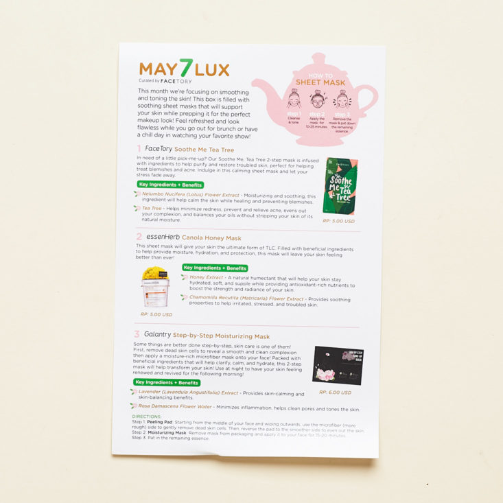 Facetory 7 Lux May 2019 beauty box review card front
