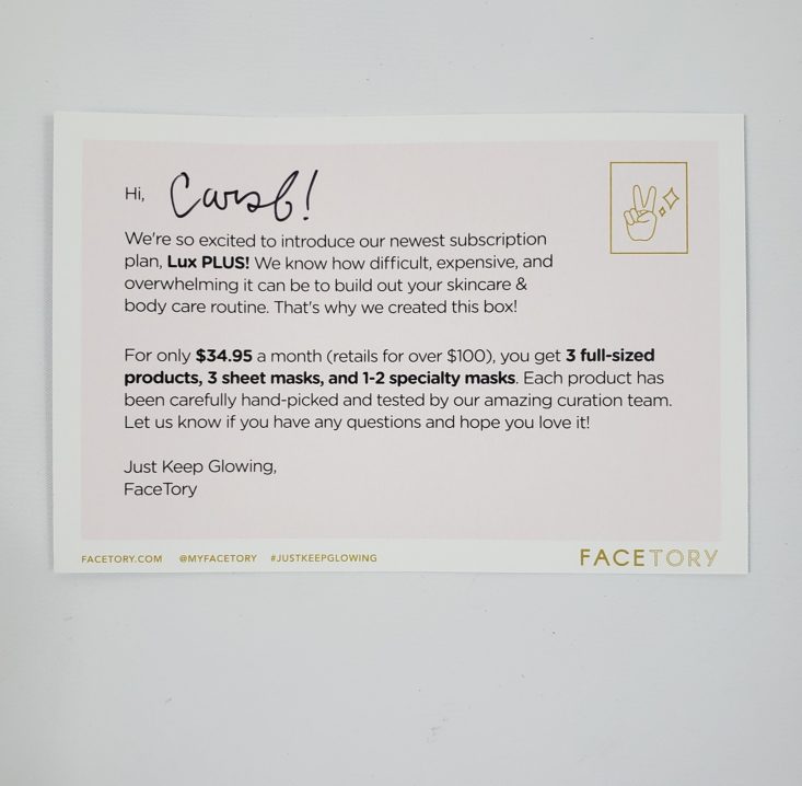 Facetory Lux Box Deluxe Review May 2019 - Post Card 2 Top