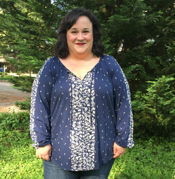 Gwynnie Bee May 2019 - Border Print Bandana Navy Peasant Top Front