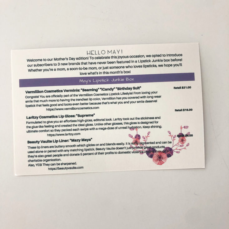 Lipstick Junkie May 2019 - Info Card Back Top