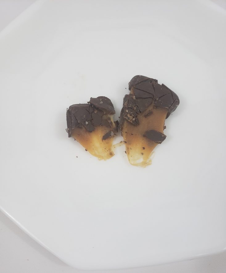 MONTHLY BOX OF FOOD AND SNACK REVIEW MAY 2019 - Dark Chocolate Sea Salt Caramel Candies 4 In Plate Top