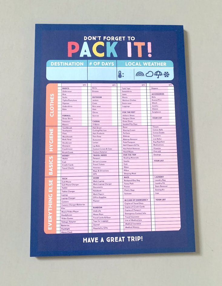 Quirky Crate Subscription Review May 2019 - Pack It Notepad Front