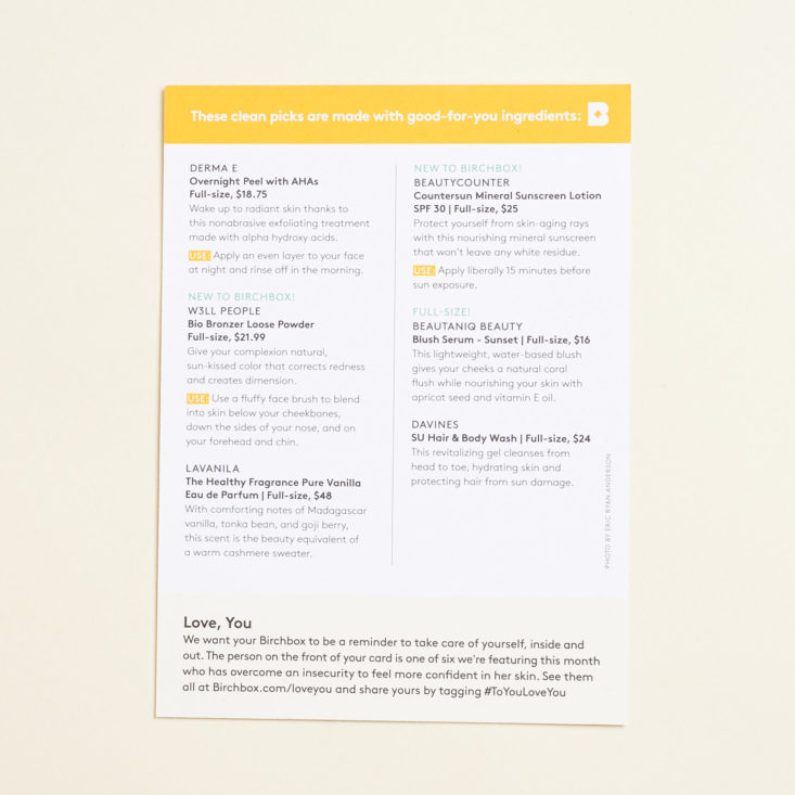 info card with product list