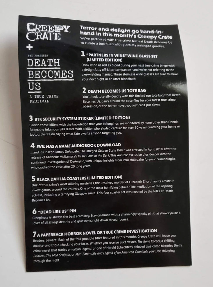 Creepy Crate Spring Death Becomes Us A True Crime Festival 2019 - Information Card Top