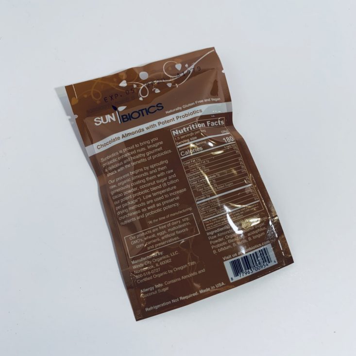 Keto Krate May 2019 - Sunbiotics Chocolate Probiotic Almonds, 1.5 oz Back
