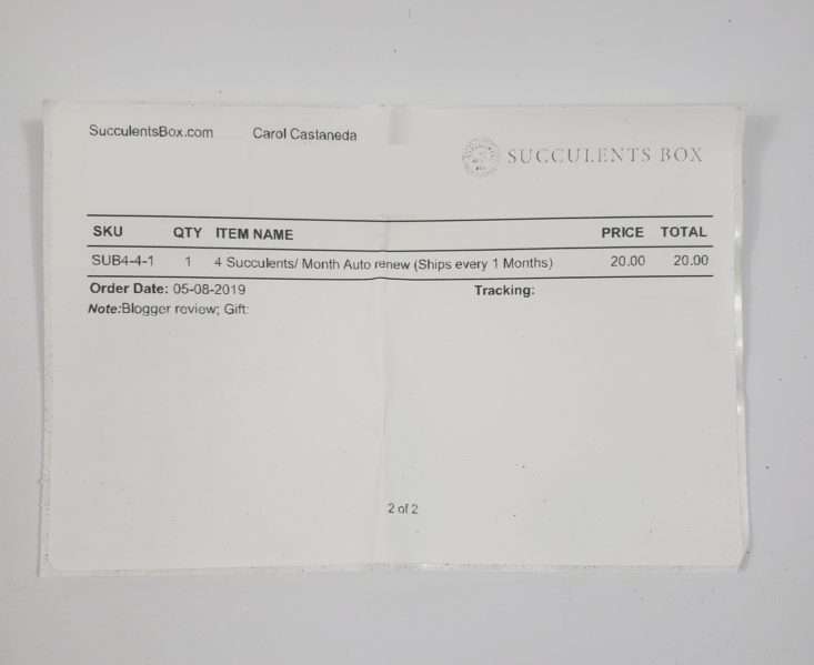Succulents May 2019 - Invoice Front