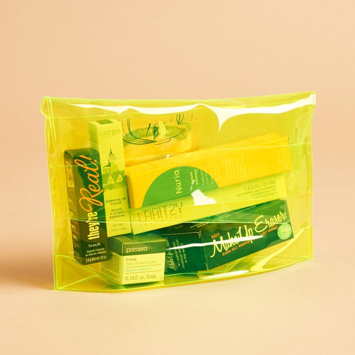 electric yellow bag with items inside