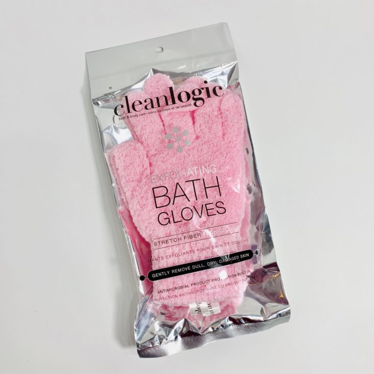 Cocotique July 2019 - Cleanlogic Exfoliating Stretch Bath & Shower Gloves, Pink Front 1
