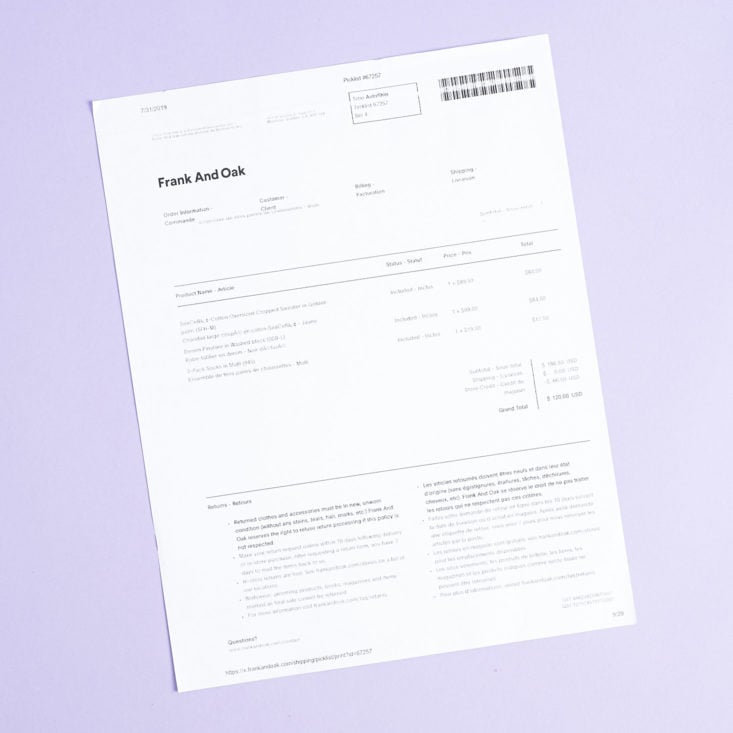 frank and oak invoice on white paper