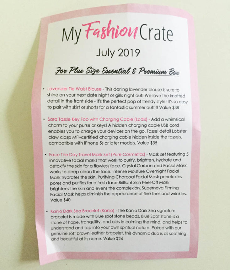 My Fashion Crate Subscription Review July 2019 - Information Card 1 Top