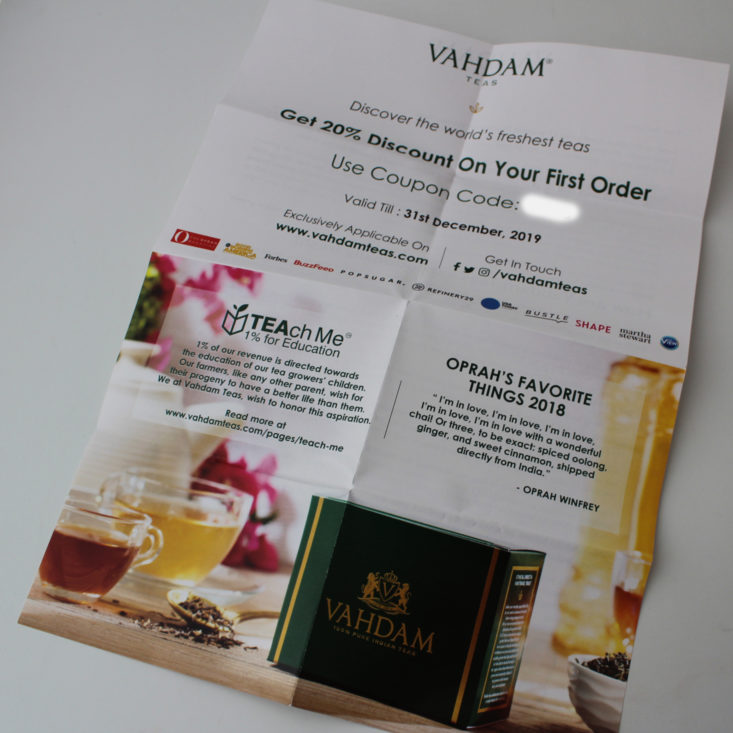 Bulu Box Weight Loss September 2019 - Vahdam Teas Sampler 2 Top