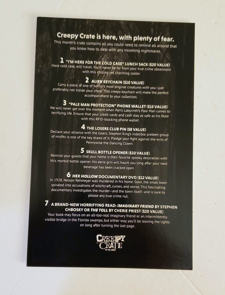 Creepy Crate Incoming Nightmares August 2019 - Instruction Card Top