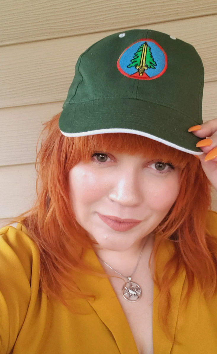 Creepy Crate Spooky Summer Time Goodies 2019 - Bookhouse Boys from Twin Peaks Baseball Cap Wearing Model Closeup Front