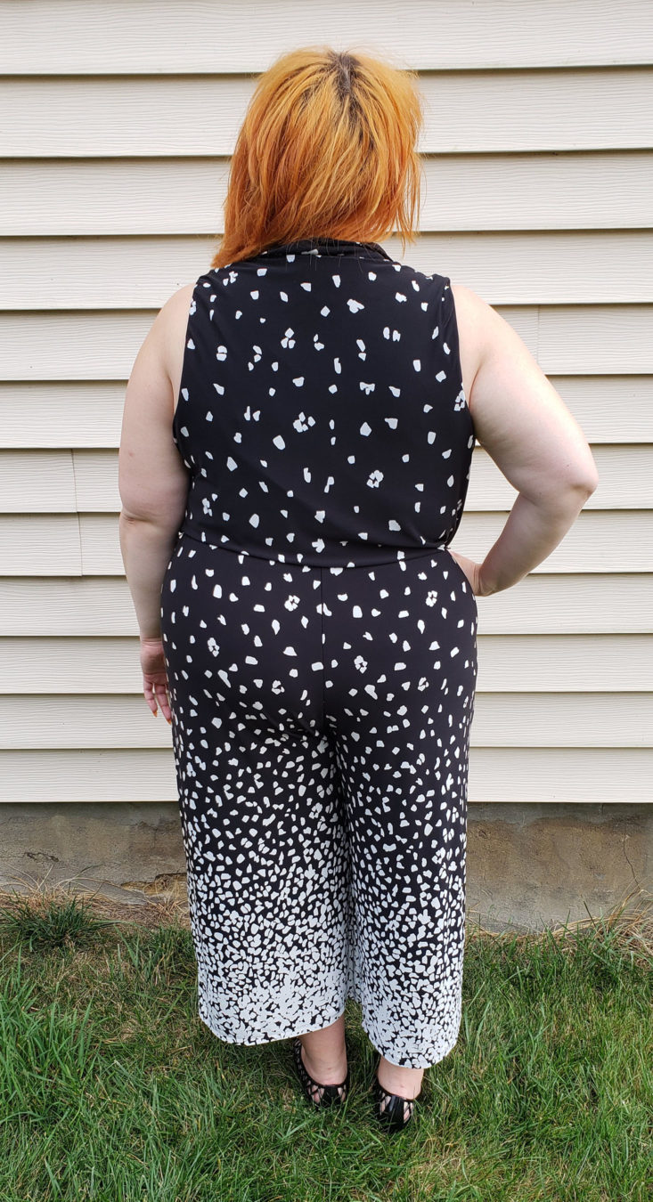Gwynnie Bee Box August 2019 - Model Wearing Sleeveless Collared Matte Jersey Jumpsuit Back Front
