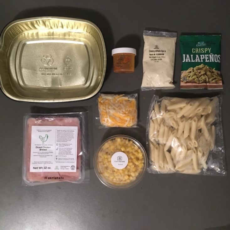 chipotle chicken alfredo baked penne ingredients laydown