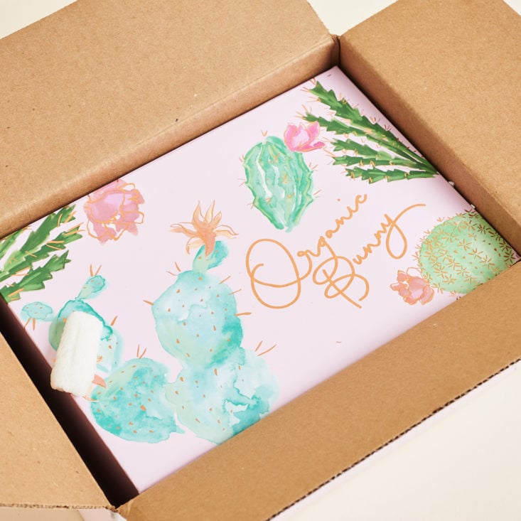 Organic Bunny gift box inside opened outer cardboard box