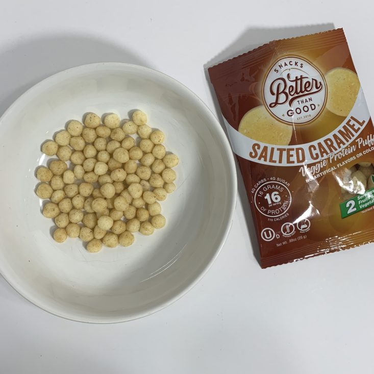 Keto Krate September 2019 - Better Than Good Salted Caramel Protein Puffs Plated Top
