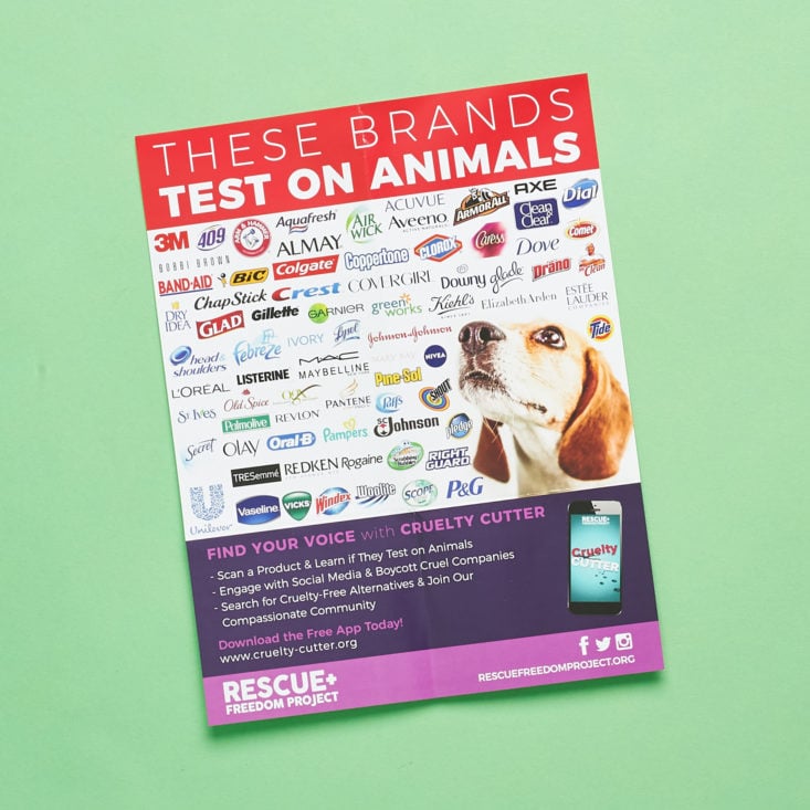 flyer calling out companies that test on animals