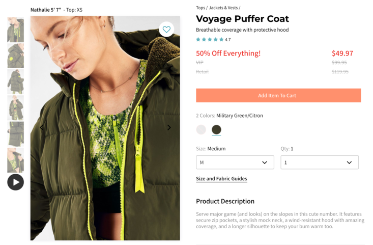 Screen cap of Fabletics Voyage Puffer Coat in Military Green/Citron on site